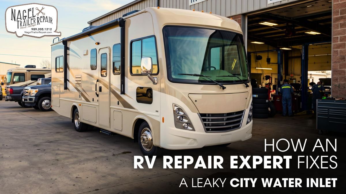 A Thor A.C.E. Class A Motorhome Parked Outside of a Workshop For Repair Works
