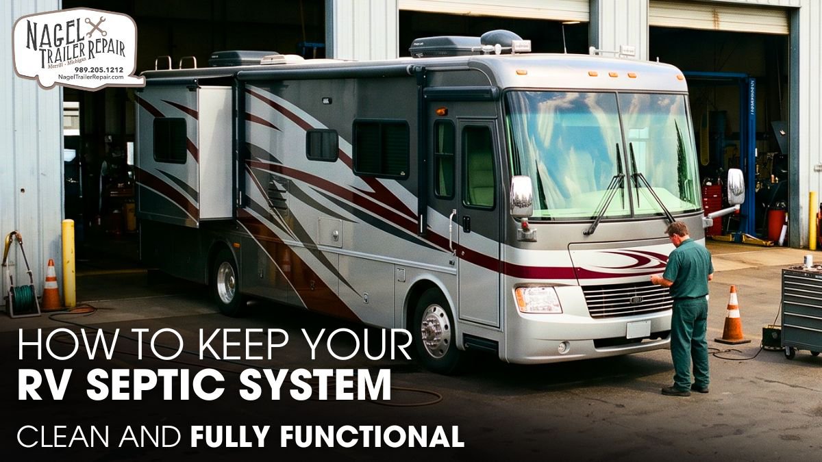 A Class A Motorhome Parked Outside of an RV Repair Shop For Maintenance Works