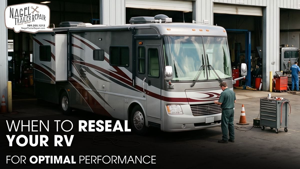 A Class A Motorhome Parked Outside of an RV Repair Shop for Resealing Works