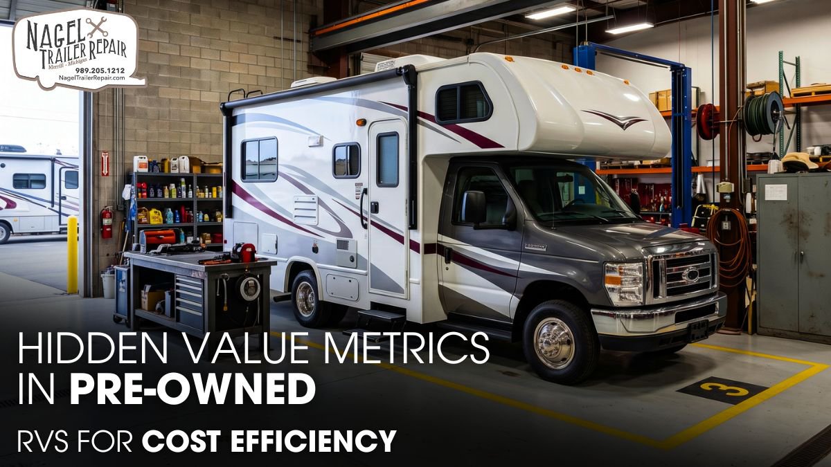 A Class C Motorhome Parked Inside an RV Repair Shop