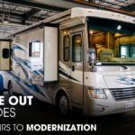 A Class A Motorhome parked inside A Workshop for Slide Out Repair Services