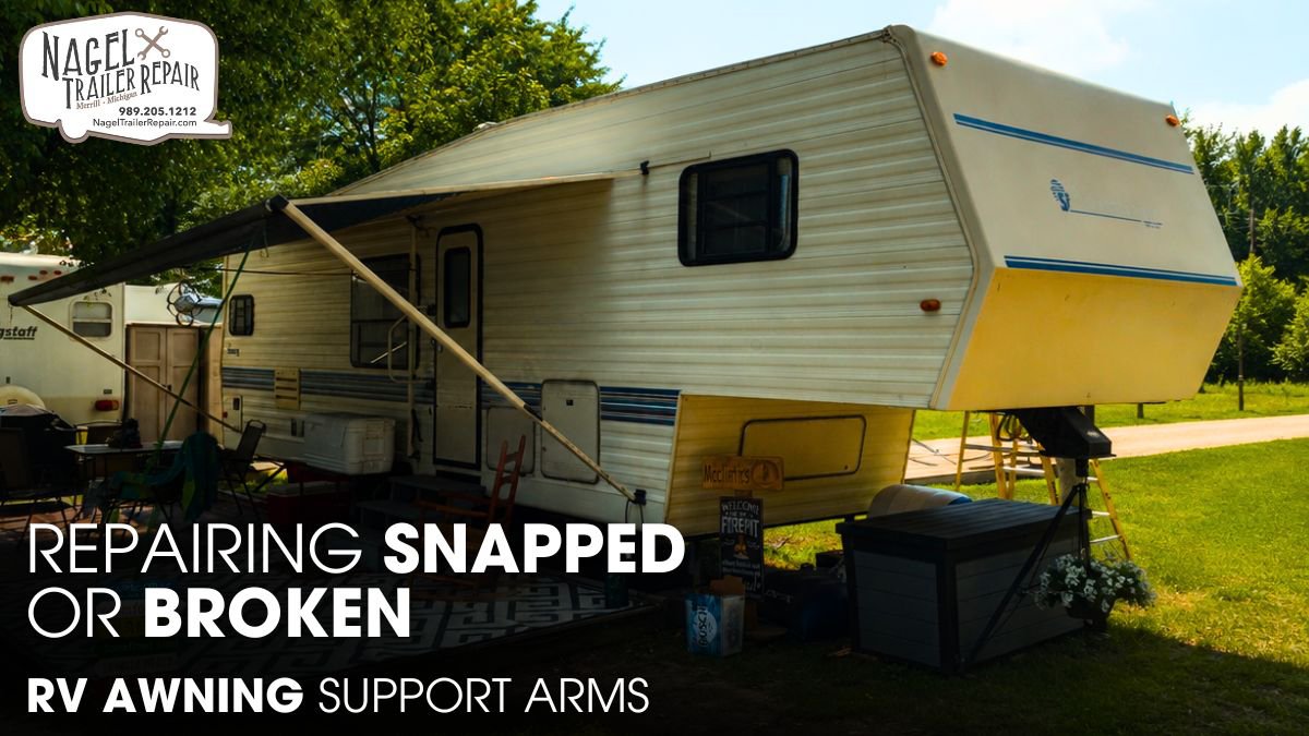 A 5th Wheel RV Parked at an Outdoor for Awning Arms Repair Works