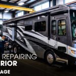 A Branded New Class A Motorhome Parked inside a Workshop