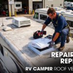A Male Technician Replacing the Roof Vent Cover of a Class A Motorhome Parked Outside of a Workshop