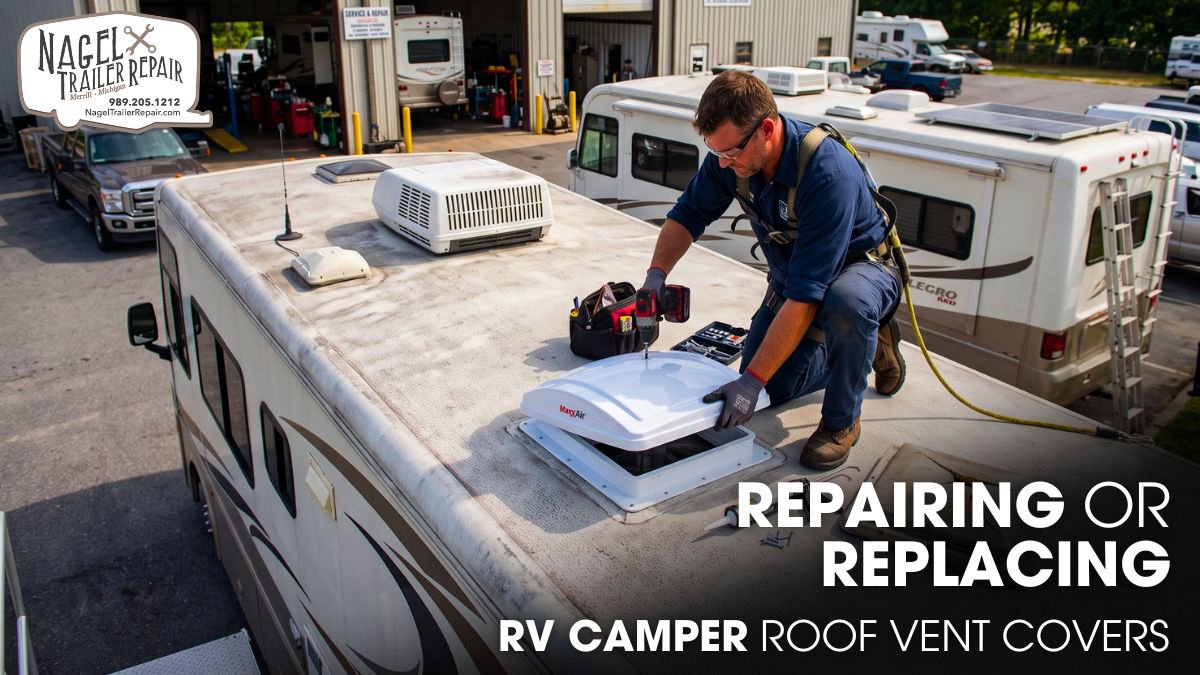 A Male Technician Replacing the Roof Vent Cover of a Class A Motorhome Parked Outside of a Workshop