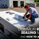 An RV Expert is Doing Roof Sealing Works of A Class C Motorhome