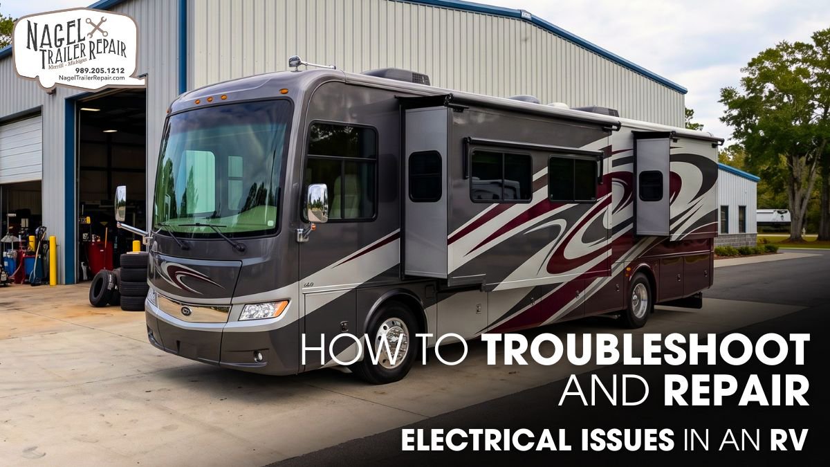 A Class A Motorhome Parked Outside of a Workshop for Electrical Works