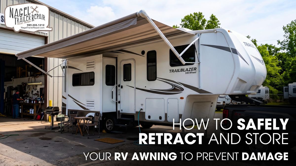 A Trail Blazer 5th Wheel RV parked outside of a Workshop for Awning Repair Works.