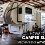 A Jayco 5th Wheel RV parked inside a Workshop for Slide-Out Repair works.