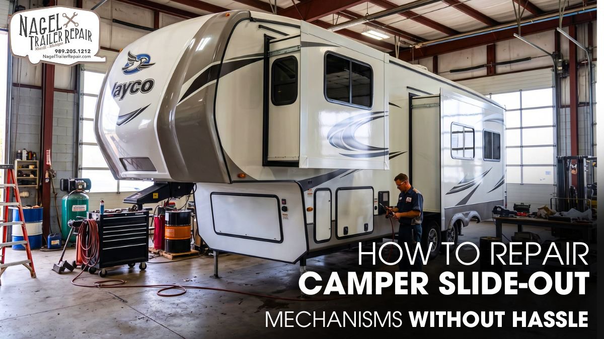 A Jayco 5th Wheel RV parked inside a Workshop for Slide-Out Repair works.