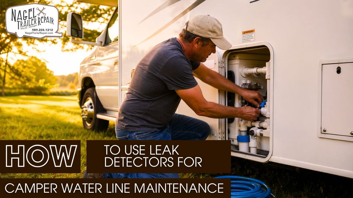 Man fixing camper water system panel outdoors