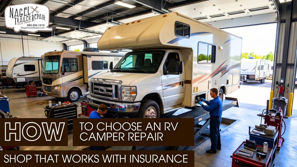 Two technicians servicing a white motorhome on a shop lift