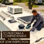 A male technician performing Camper Roof Leak inspection
