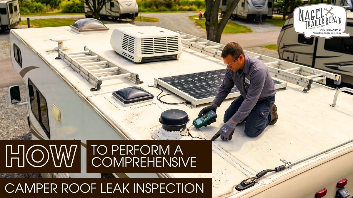 A male technician performing Camper Roof Leak inspection