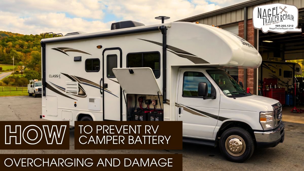 A white Class C motorhome with an open battery compartment