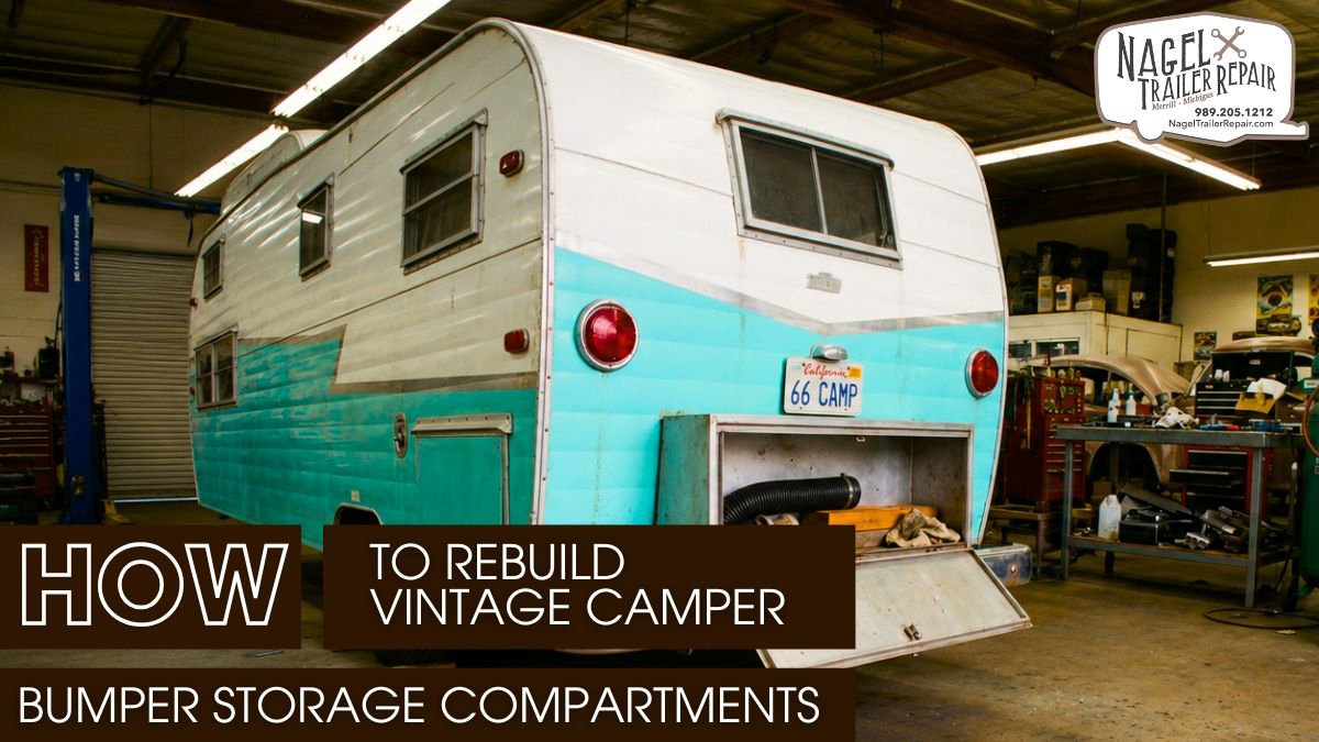 A Vintage Camper inside an workshop showing it's bumper storage compartment