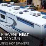 An RV Outside of A Workshop Showing It's Roof in Summer Day
