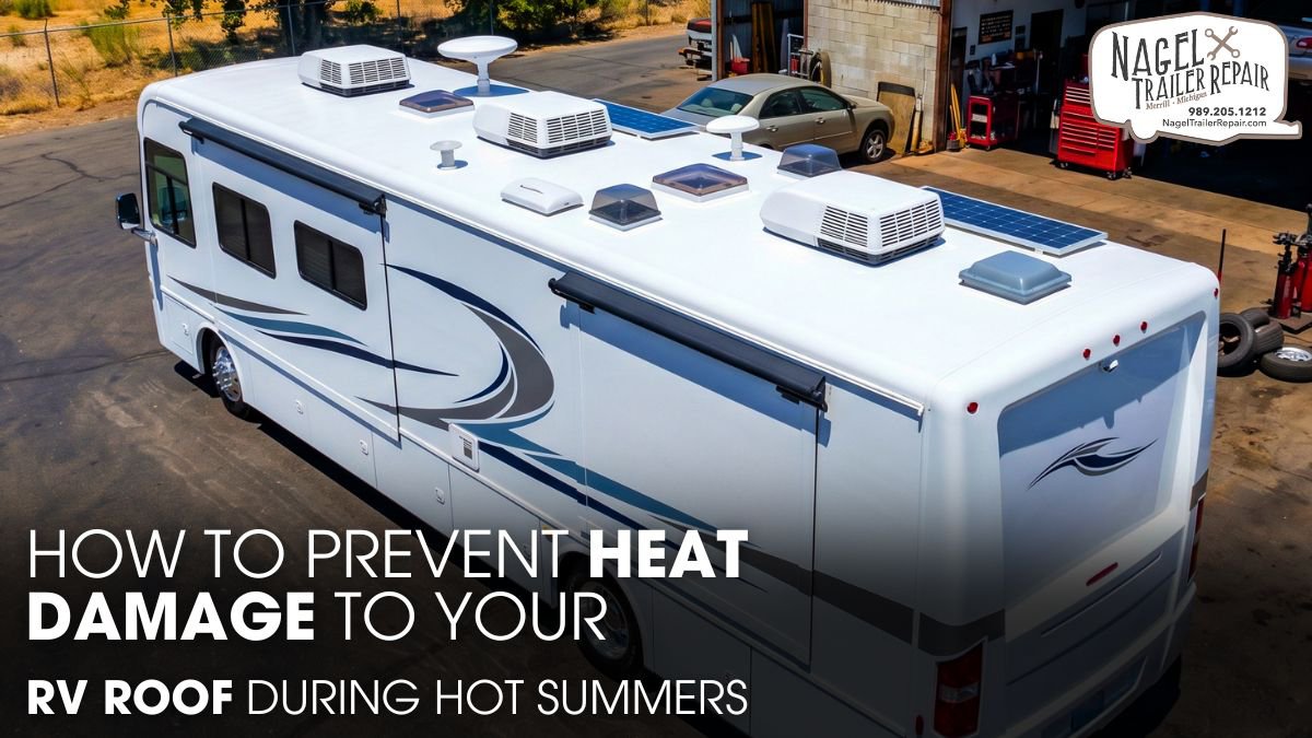 An RV Outside of A Workshop Showing It's Roof in Summer Day