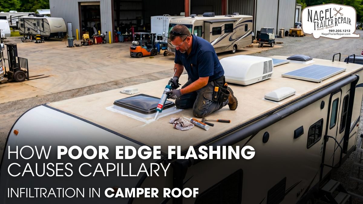 A Male Technician Repairing a Jayco Camper Roof outside a workshop