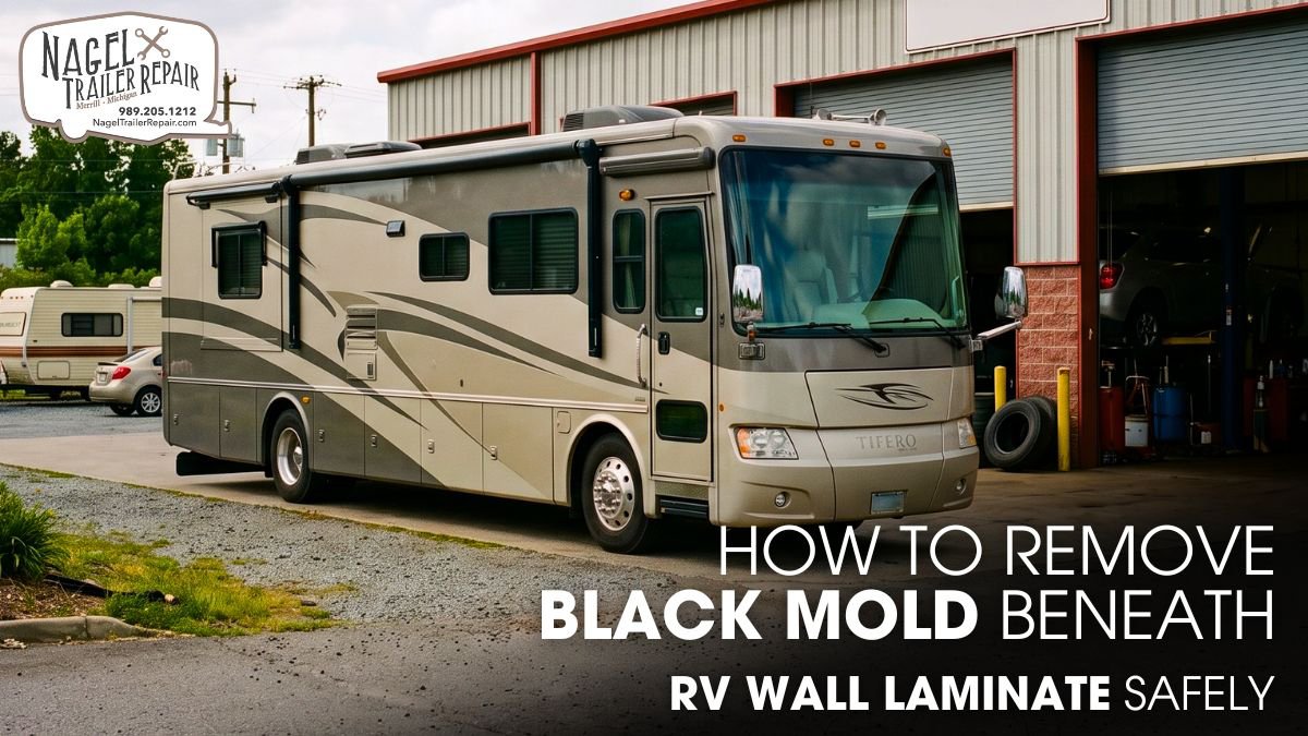 A Class A Motorhome Parked Outside of a RV Repair Shop