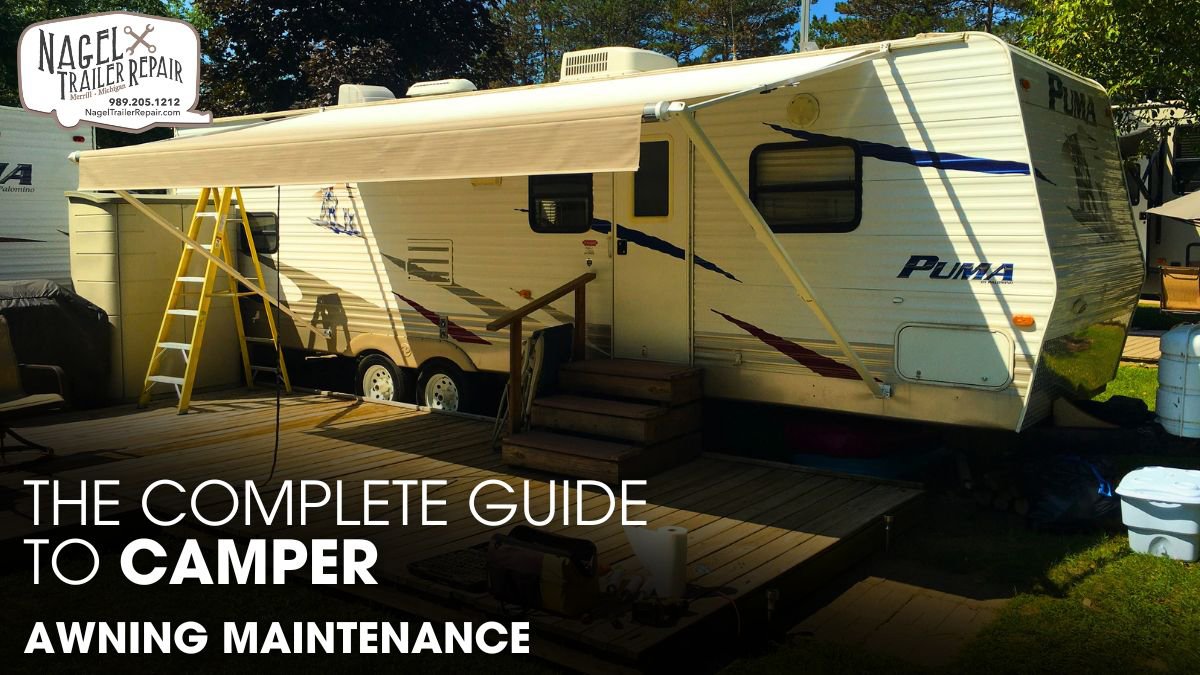A Palomino Puma Camper trailer parked on a deck showing it's Awning