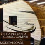Side-view of a Coachmen Catalina trailer under renovation