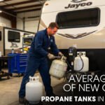 Technician replacing a Propane Tank on a Jayco camper in shop