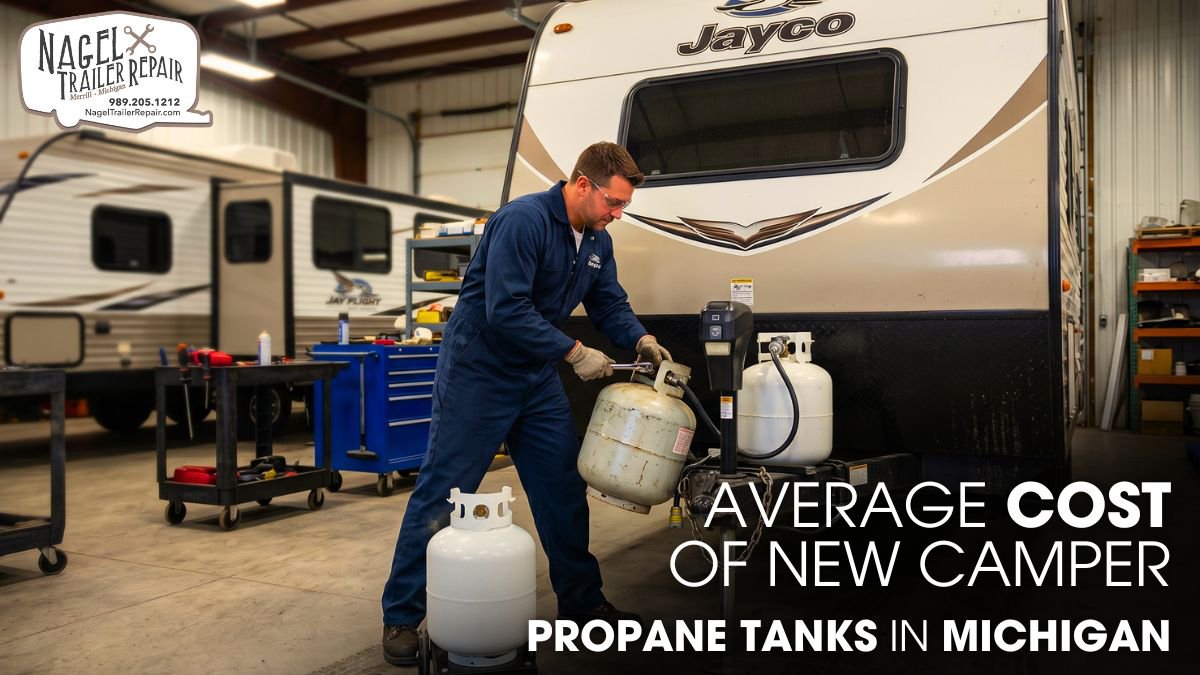 Technician replacing a Propane Tank on a Jayco camper in shop