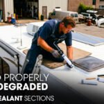An RV Expert is Doing Roof Sealing of a Travel Trailer