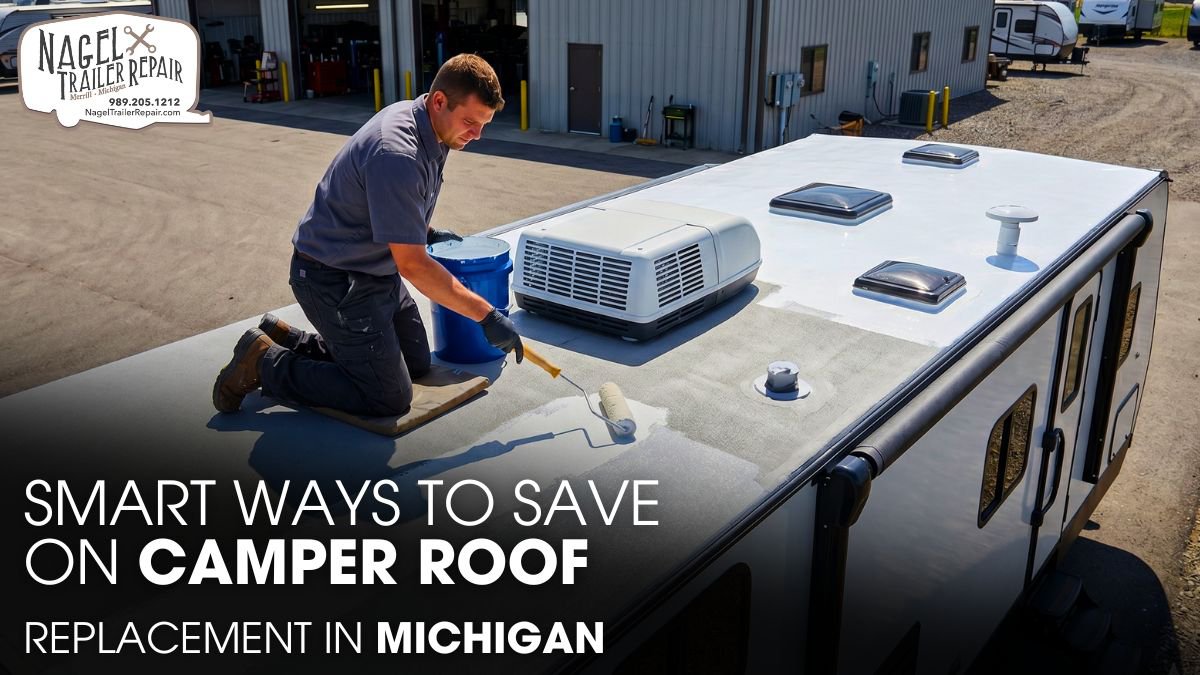 A Male Technician Doing A Camper Roofing Job Outside of a Workshop