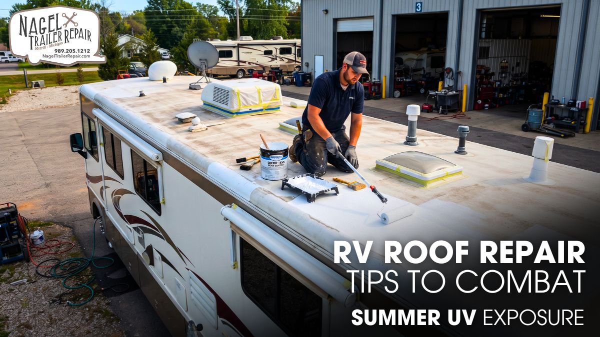 A Male Technician Doing Roof Coating of a Class A Motorhome Parked Outside of a Workshop