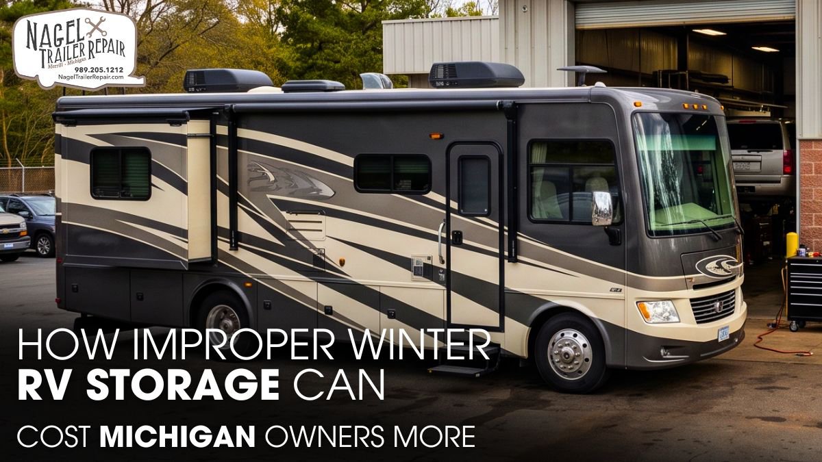 A Class A Motorhome Parked Outside of an RV Repair Shop