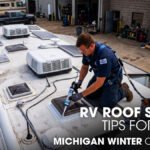 Technician applying rubber roof sealant to a Class A motorhome
