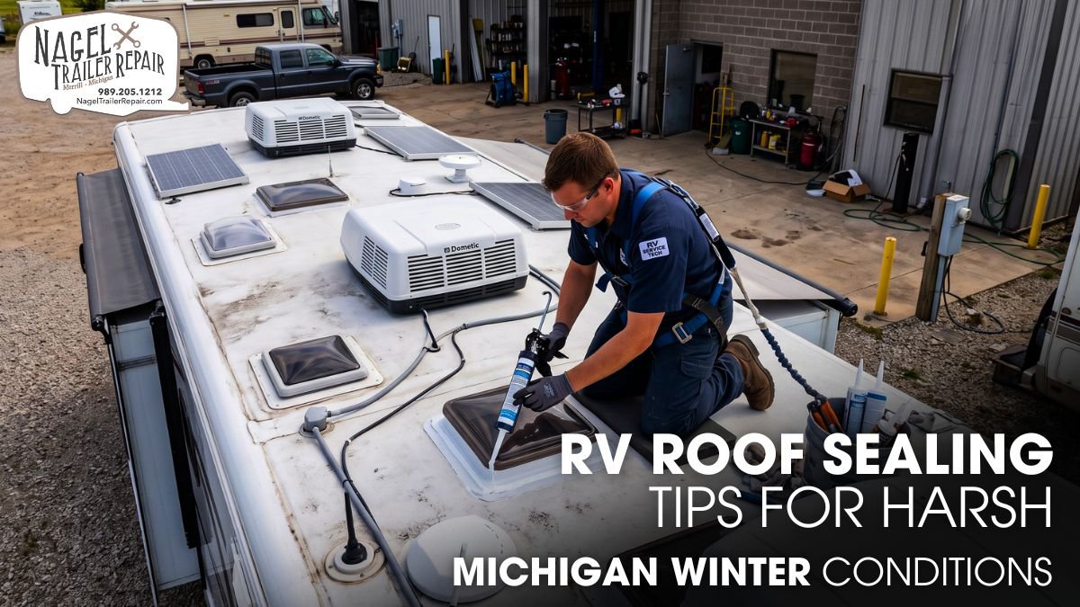 Technician applying rubber roof sealant to a Class A motorhome