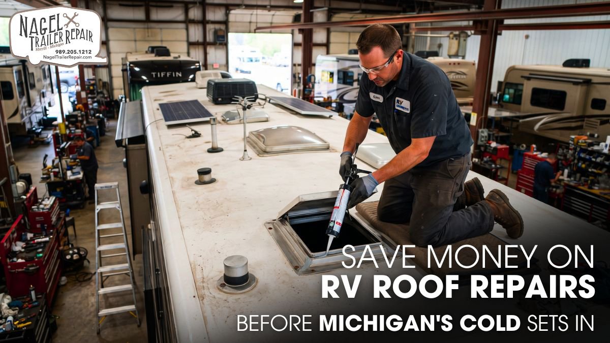 A Male Technician Repairing an RV's Roof Inside a Workshop