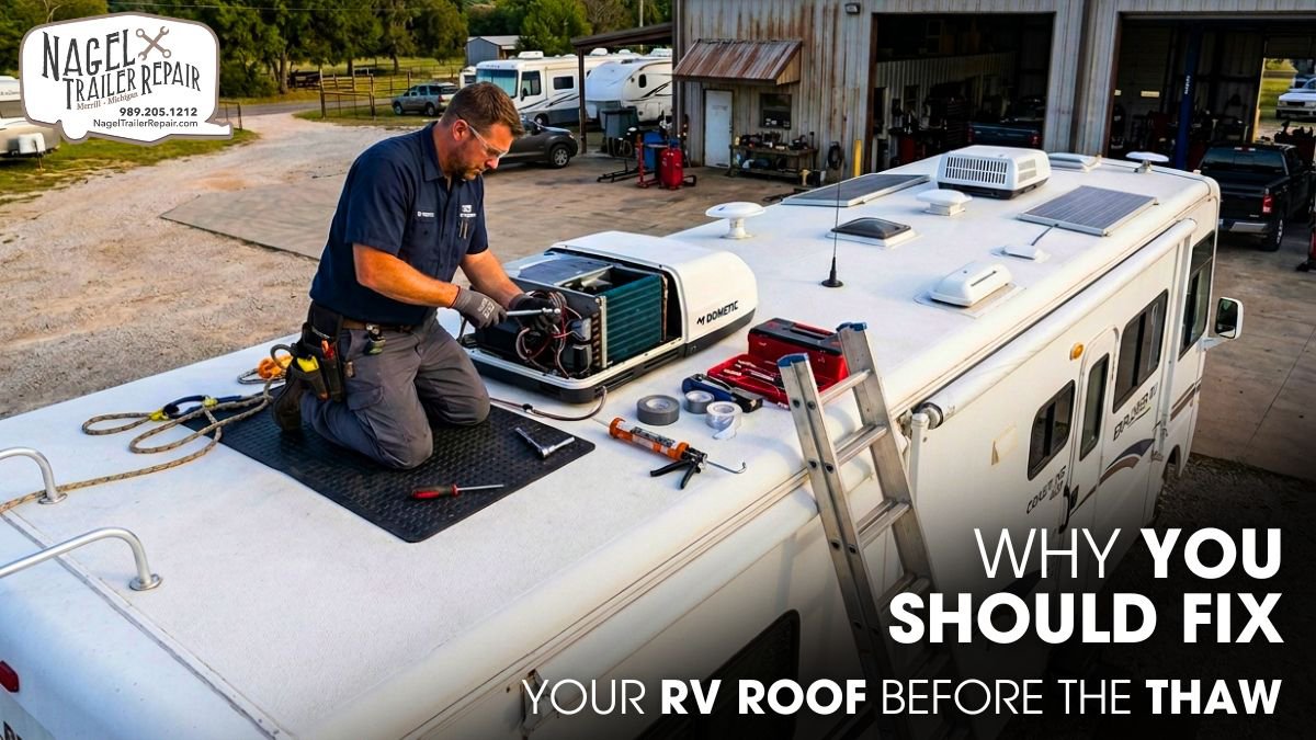 A Technician Repairing The Roof of an RV Outside of an RV Roofing Shop