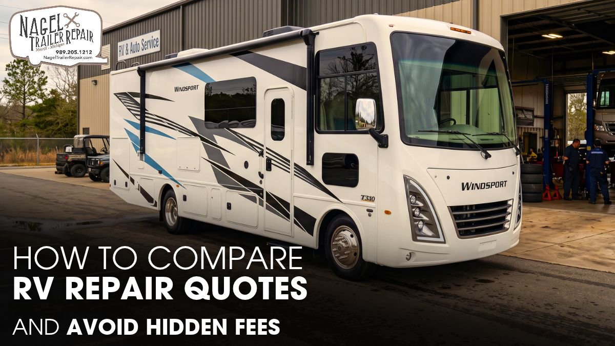 A Thor Windsport Class A Motorhome Parked Outside of an RV Repair Shop