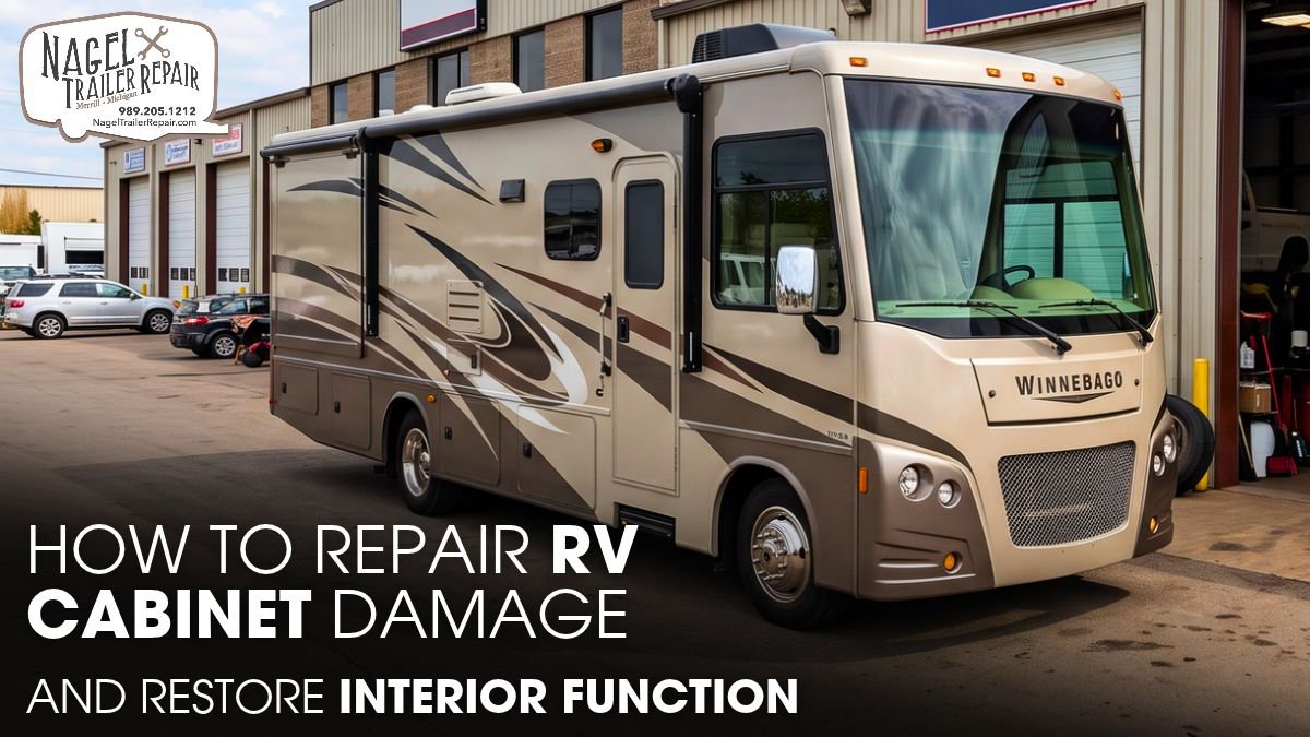 A Winnebago Vista Class A Motorhome Parked Outside of A Workshop For Repair Works